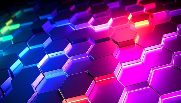 Neon hexagonal tiles in honeycomb pattern glowing with vibrant blue pink and purple light - Powered by Adobe