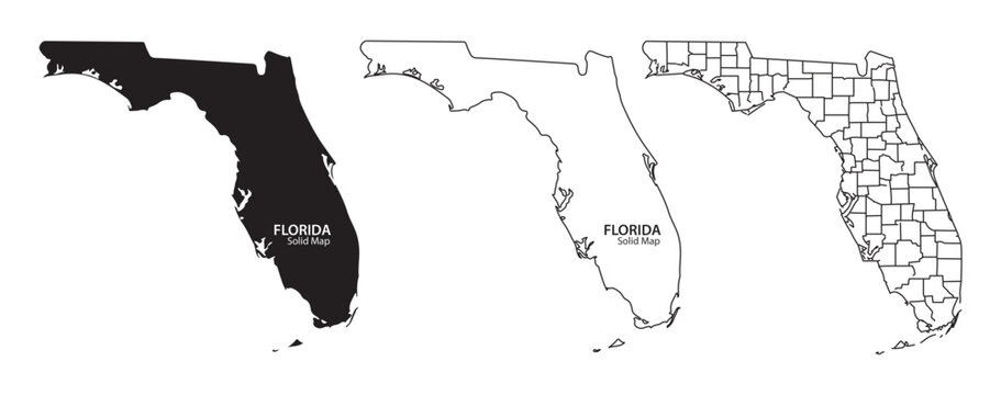 Three black and white illustrations of florida state map in different styles for design and educational use with vector and graphic and travel