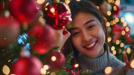 Group of happy Asian friends celebrating Christmas and decorate the Christmas tree indoors. Beauty woman with Christmas Gifts. New Year party. Woman hands decorate Christmas tree red ball, bauble