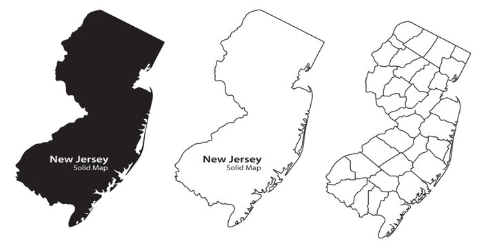 Three new jersey state maps in black and white with solid fill and county lines on a white background with illustration and vector and USA and geography