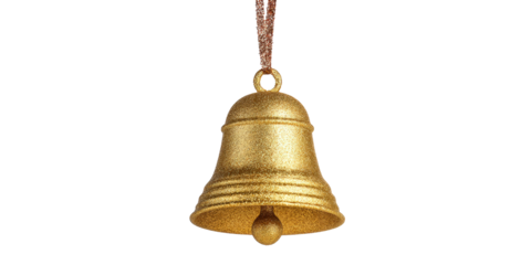 A Single Gold Christmas Bell Ornament Covered in Glitter Hangs from a Festive Ribbon, a Traditional Holiday Decoration on a Transparent Background.
