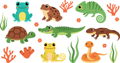 Obraz premium Reptile and amphibian set with crocodile frog turtle and chameleon