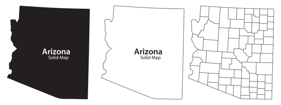 Arizona state map in black and white with county lines illustrated in three styles with illustration and USA and geography and cartography and vector