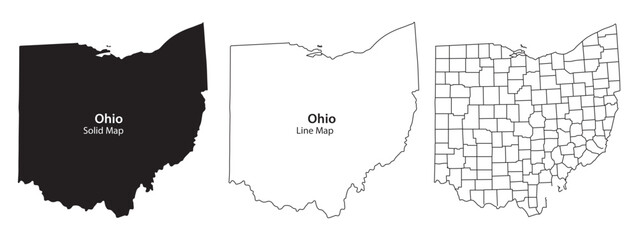 Ohio state map in three different styles including solid black outline and county lines on white background for geographic reference and design © Meizan 