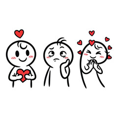 Three cartoon characters expressing love and affection with hearts