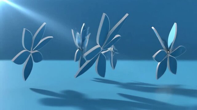 Abstract blue floral pattern background with geometric flower shapes and soft lighting.