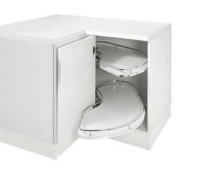 Close up of a kitchen cabinet with baskets