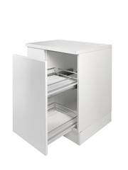 Close up of a kitchen cabinet with baskets