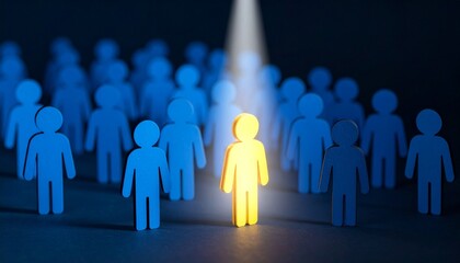 One yellow figure spotlighted among blue crowd symbolizing individuality and recognition