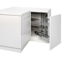 Close up of a kitchen cabinet with baskets