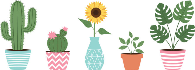 Plant set with cactus sunflower monstera and decorative houseplants © Lunavera art