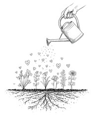 A Conceptual Hand Drawn Illustration of a Hand Watering Growing Flowers with Love Hearts from a Watering Can Symbolizing Care and Nurturing.