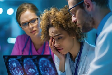 Team of Worried Doctors Analyzing a Brain Scan on a Laptop