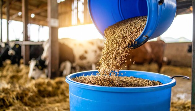 Livestock feed poured into bucket with cows in barn symbolizing animal care and farm management