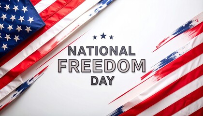 Diagonal U.S. flag design with bold “National Freedom Day” text and stars, symbolizing liberty.