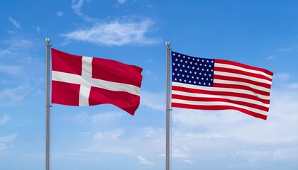 Danish and American flags waving side by side against a bright blue sky, symbolizing international unity.