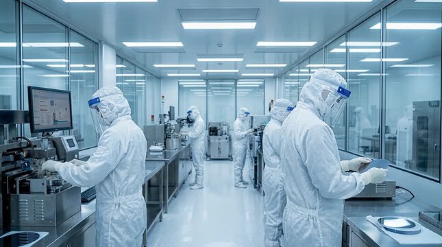 Cleanroom workers performing semiconductor fabrication tasks in a sterile laboratory setting, technicians.