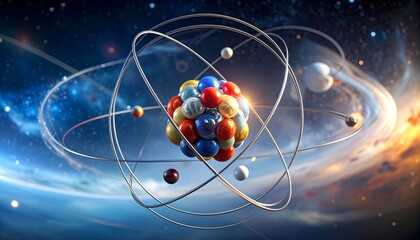 Stylized atom with orbiting electrons in cosmic space background of stars and nebulae