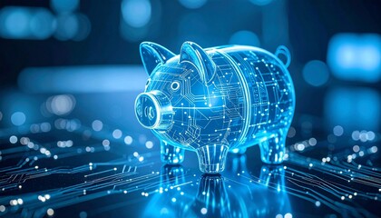 Futuristic digital piggy bank glowing with circuit patterns in a tech-themed environment.