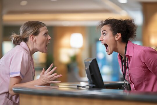 Two Women Shouting Angrily at Each Other Over a Reception Desk