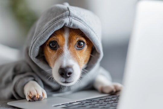 Cute Jack Russell Dog in a Hoodie Using a Laptop Computer