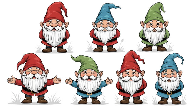Collection of Seven Cartoon Gnomes with Different Colored Hats and Expressive Poses