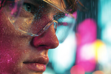 Closeup Portrait of a stylish man in neon light. Cyberpunk concept. Futuristic tech style. VR games. Copy space banner