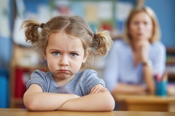 Angry Little Girl with Pigtails and Crossed Arms Staring at the Camera