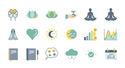 Colorful flat icon set for mental health mindfulness meditation and self-care concepts.