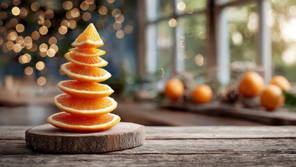 Christmas tree made of stacked oranges with starfruit topper