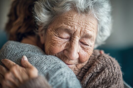 Elderly Woman with Wrinkles Feeling Comfort in a Warm Embrace