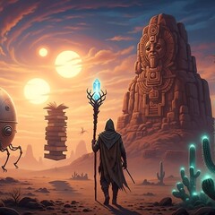 Mystic explorer in desert landscape scene.