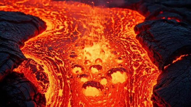 Close-up of molten lava flowing with intense heat and vibrant colors.