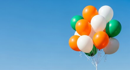 A vibrant bunch of tricolor balloons in green, white, and orange floating against a clear blue sky for an India Republic Day celebration concept