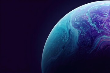 Fototapeta premium Close-up of a planet with swirling blue and purple marbling, lit against a deep space backdrop. Concept Planet close-up, blue-purple marbling, deep space backdrop, glossy texture, cosmic lighting
