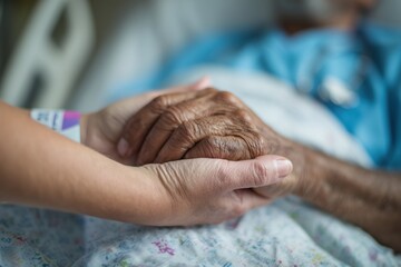 Caregiver's Hands Gently Holding the Hand of an Elderly Patient in Bed