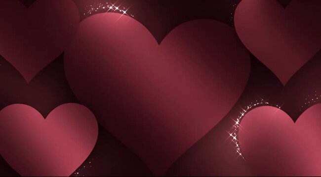Glimmering crimson hearts with bright sparkling effects on a dark ruby red
