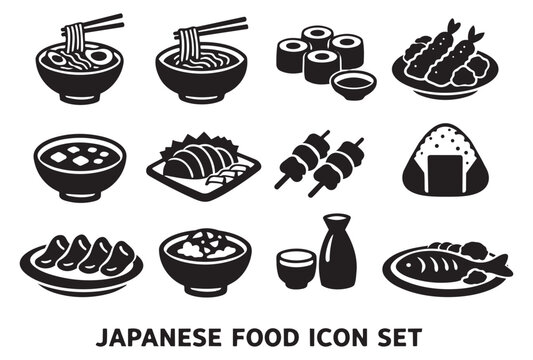 Clean solid icon Japanese food set featuring ramen, sushi, tempura, and sake for culinary branding