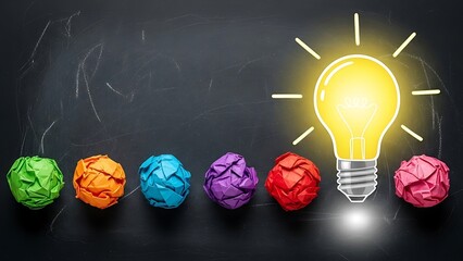 Colorful crumpled paper balls line up before a bright glowing light bulb sketch symbolizing successful idea generation on a dark chalkboard background
