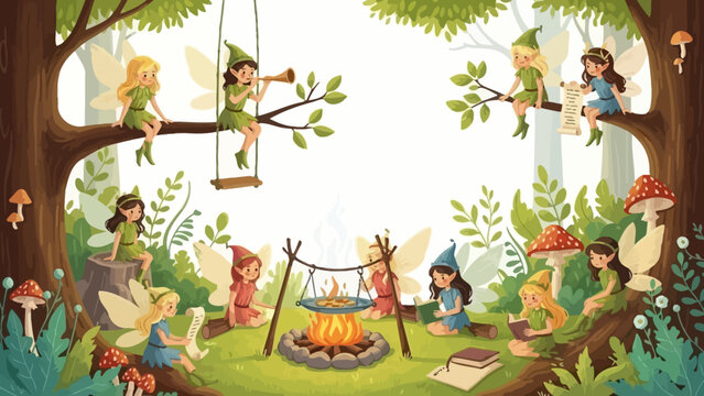 Cute Fairies Having a Forest Gathering Around a Campfire with Food and Books
