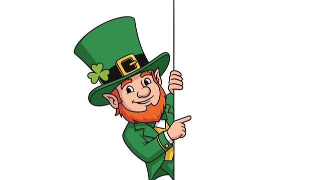 Leprechaun Peeking Around White Board Pointing Finger - St. Patrick's Day Illustration