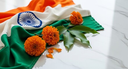 Vibrant India Republic Day Concept featuring the national tricolor flag with marigold flowers and traditional mango leaves