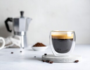 A double-walled glass cup filled with espresso in the center, with rich crema and a softly blurred moka pot in the background. The image evokes modern lifestyle, morning rituals, and coffee culture.