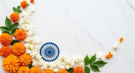 Vibrant marigolds and jasmine flowers artfully arranged with the Ashoka Chakra, creating a patriotic India Republic Day celebration concept perfect for adding text