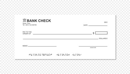 Blank bank check template on transparent background. Editable blank financial check template.