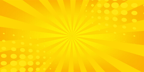 Obraz premium Abstract orange comic background. Art pop cartoon backdrop. Halftone effect pattern. Fun anime texture. Starburst manga style bg. Mark popart radial gradient. Spiral, swirl, comic rays.