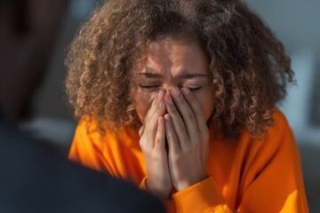 Young Inmate in an Orange Hoodie Crying During a Difficult Conversation