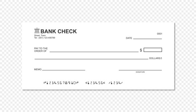 Blank bank check template on transparent background. Editable blank financial check template.