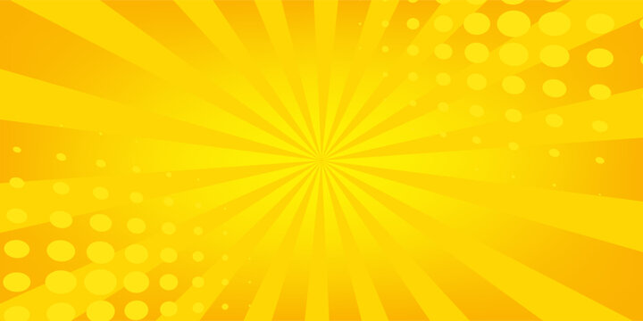 Abstract orange comic background. Art pop cartoon backdrop. Halftone effect pattern. Fun anime texture. Starburst manga style bg. Mark popart radial gradient. Spiral, swirl, comic rays.