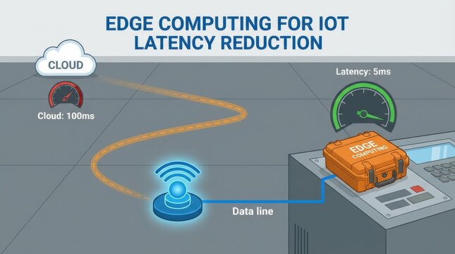 Edge computing for IOT latency reduction showing cloud connectivity to local data line with speedometers in modern graphical design, light mode. - Powered by Adobe